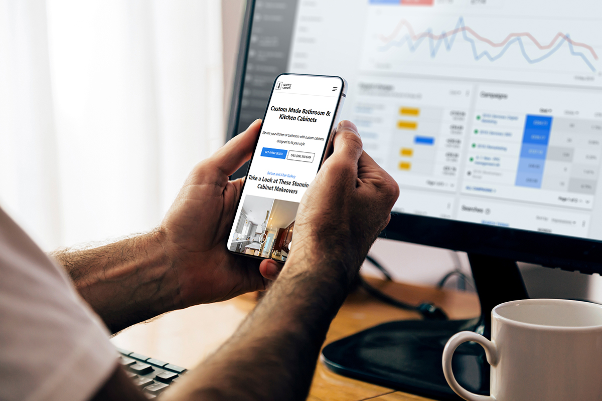 Man using a mobile phone with Google Ads on the screen and in th