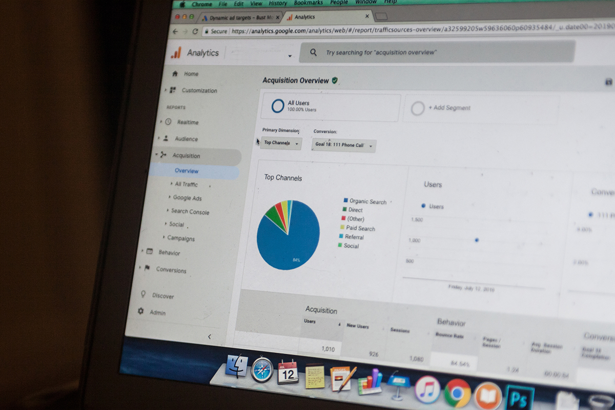 BELGRADE, SERBIA JULY 12, 2019: Selective blur on a screen of Google Analytics showing conversion and acquisition data. Analytics is a statistc platform from Google.
